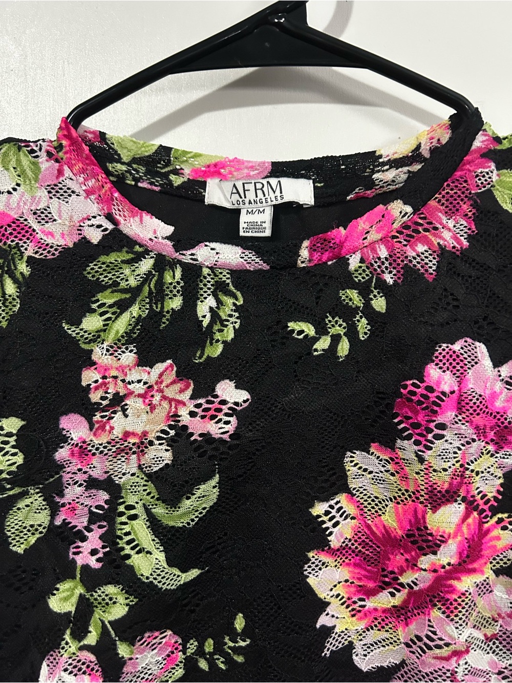 AFRM Black Lace Blouse with Pink & Green Floral Print